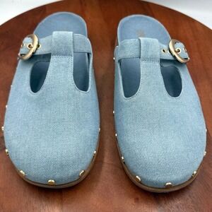 Chelsea & Violet‎ Kalli Studded T-Strap Clog Mules Blue Denim Shoes Womens 11M